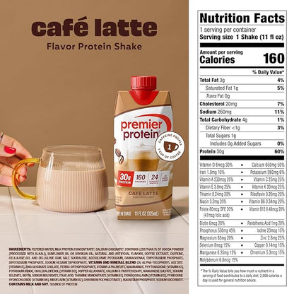 Premier Protein Shake, Café Latte with Caffeine for Energy – 30g Protein, No Added Sugar, 24 Vitamins & Minerals to Support Immune Health, 11 fl oz, 12 Pack
