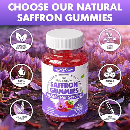 softbear Saffron Gummies for Kids & Adults, 10-in-1 Organic Saffron Supplements with 88.5mg Saffron Extract Support Calm Mind & Focus & Zzz, Sugar Free/Non-GMO, Strawberry Flavor 120 Count