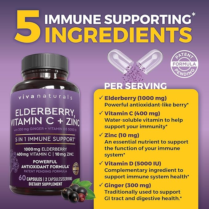 Viva Naturals Black Elderberry 1000mg with Vitamin C, D3 5000 IU & Zinc - 5-in-1 Immune Support Supplement for Adults, Sambucus Elderberry Capsules with Ginger for Men and Women, (60 Capsules)