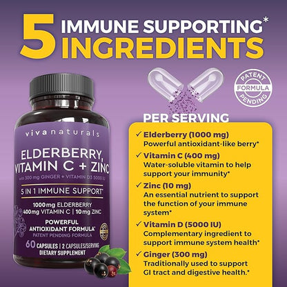 Viva Naturals Black Elderberry 1000mg with Vitamin C, D3 5000 IU & Zinc - 5-in-1 Immune Support Supplement for Adults, Sambucus Elderberry Capsules with Ginger for Men and Women, (60 Capsules)