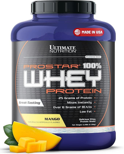 Ultimate Nutrition Prostar Whey Protein Powder Isolate, Mango - Low Carb, High Protein Powder Shake for Muscle Gain & Recovery - Low Sodium, Low-Fat & Keto Friendly - 5.28 lbs Tub