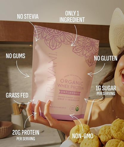 Truvani Organic Whey Protein Powder | Unflavored | 20g Grass Fed Whey Protein | 20 Servings | USDA Organic & Non-GMO | Gluten Free | No Gums, No Soy, No Stevia, No Added Sugars
