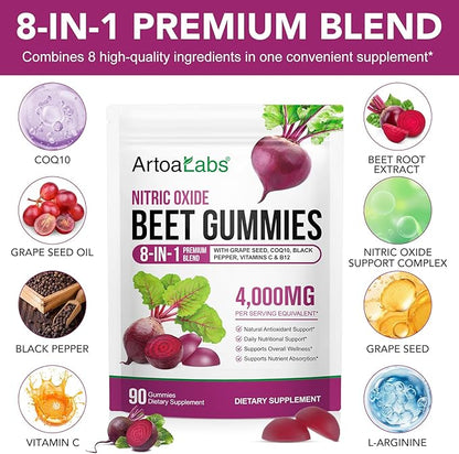 Super Beetroot Gummies, 8 in 1 Beet Root 4,000mg with Grape Seed Extract & CoQ10, Sugar Free - 90 Count (2)