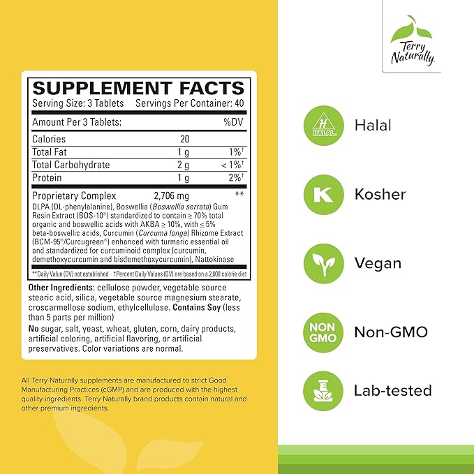 Terry Naturally Curamin Extra Strength - 120 Vegan Tablets - Non-Addictive Pain Relief Supplement with Curcumin from Turmeric, Boswellia & DLPA - Non-GMO, Gluten-Free - 40 Servings