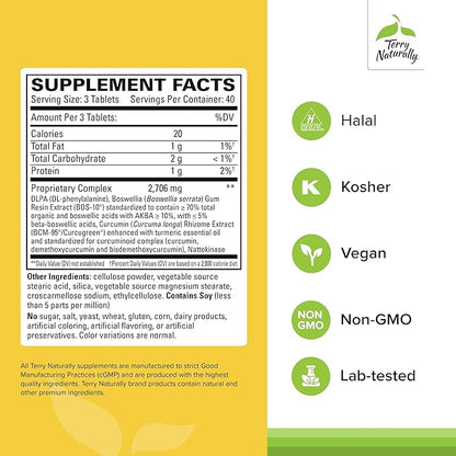 Terry Naturally Curamin Extra Strength - 120 Vegan Tablets - Non-Addictive Pain Relief Supplement with Curcumin from Turmeric, Boswellia & DLPA - Non-GMO, Gluten-Free - 40 Servings