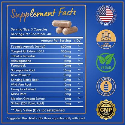 Fadogia Agrestis and Tongkat Ali Supplement - Fadogia Agrestis 600mg, 500mg Longjack Tongkat Ali for Men, Maca Root, Fenugreek, Ashwagandha, Saw Palmetto to Support Energy, Stamina, Vitality - 120Caps