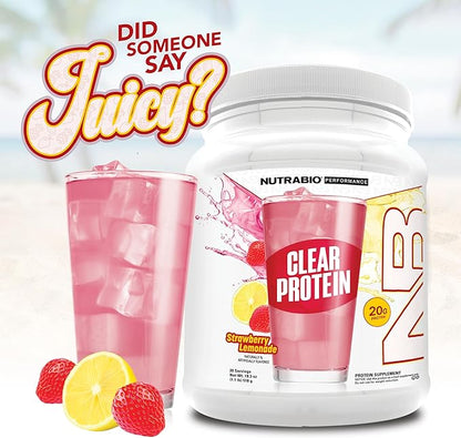 NutraBio Clear Protein Powder, Strawberry Lemonade - 20 Servings, 20g Clear Whey Protein Isolate, 0 Sugar, 0g Lactose, Refreshing Fruit Flavors, GLP1 Support -Bone Health -Muscle Post Workout Recovery