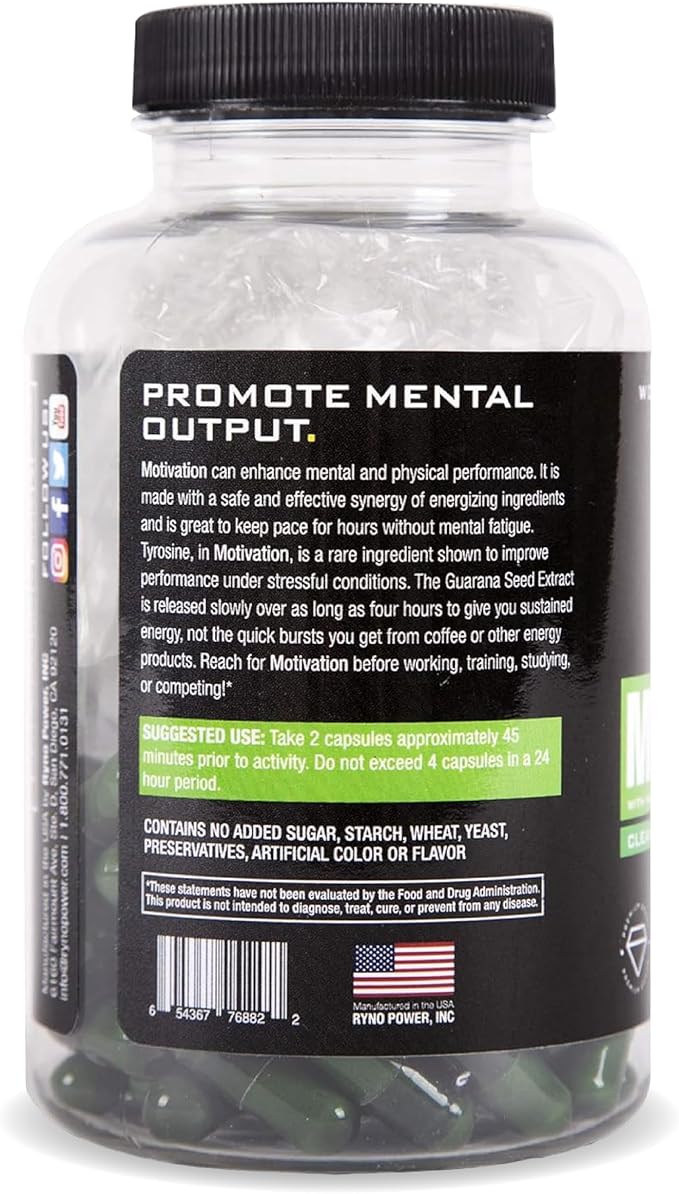 Ryno Power Motivation Pre-Workout Focus Energy Supplement Capsules (30 Servings)