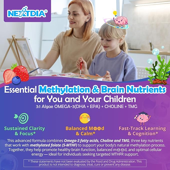 L-Methylfolate 1000 mcg + Methyl B12 Gummies for Kids & Adults - Active 5-MTHF, w/Omega-3 DHA & EPA(3:1), Choline & TMG, B6, Supports MTHFR Gene, Brain, Energy & Methylation, Sugar free, 60 Cts