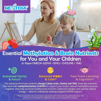 L-Methylfolate 1000 mcg + Methyl B12 Gummies for Kids & Adults - Active 5-MTHF, w/Omega-3 DHA & EPA(3:1), Choline & TMG, B6, Supports MTHFR Gene, Brain, Energy & Methylation, Sugar free, 120 Cts