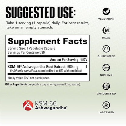 NutraBio Ashwagandha KSM-66 | Ashwaganda Herbal Supplement for Stress, Mood, & Performance | 600 MG of Clinically Studied KSM66 90 Capsules