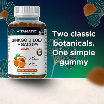 Vitamatic Ginkgo Biloba & Bacopa Gummies – Plant-Based Botanical Extract – Natural Peach Flavor – Vegan, Non-GMO, Gluten-Free – Herbal Supplement – 60 Count - 2 Pack (120 Count)