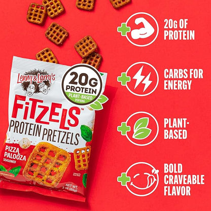 Lenny & Larry's FITZELS Protein Pretzels (Pizza Palooza) 8 Individual Bags 3 oz Each – High Protein Snacks with 20g of Plant Based Protein – Healthy Vegan Pretzels – Delicious Salty Taste