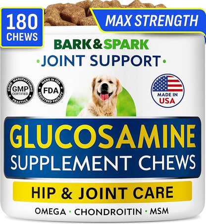 BARK&SPARK Glucosamine Chondroitin Dog Hip & Joint Supplement - Joint Pain Relief - Hip & Joint Chews - Joint Support Large Small Breed - Senior Doggie Vitamin Pill Joint Health (180 Treats - Bacon)