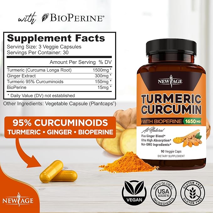 NEW AGE Turmeric Curcumin Capsules - Standardized Curcuminoids - Non-GMO, Gluten Free -270 Count (Pack of 3)