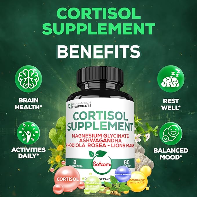 Satoomi 8in1 Cortisol Manager with Magnesium Glycinate, Ashwagandha, Rhodiola Rosea, Lions Mane & More - Cortisol Reducer Supplement Men & Women - 60 Capsules
