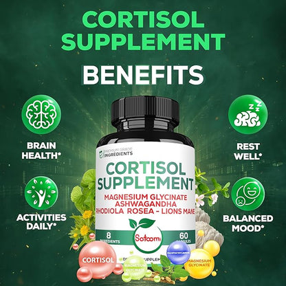 Satoomi 8in1 Cortisol Manager with Magnesium Glycinate, Ashwagandha, Rhodiola Rosea, Lions Mane & More - Cortisol Reducer Supplement Men & Women - 60 Capsules