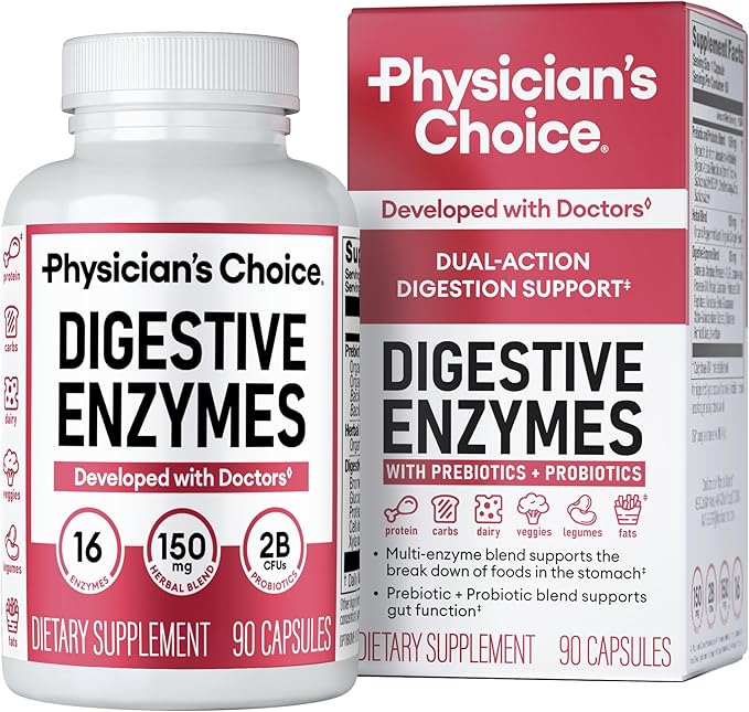 Physician's CHOICE Digestive Enzymes for Bloating & Digestion - 16 Enzymes with Organic Prebiotics & Probiotics for Gut & Digestive Health - Meal Time Discomfort Relief - Dual Action Support - 90 CT