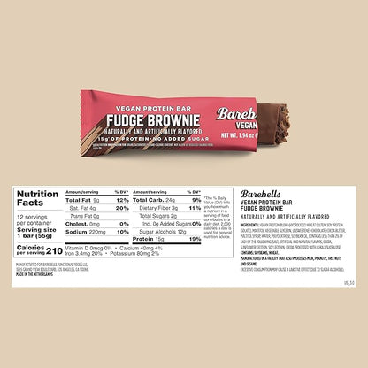 Barebells Vegan Protein Bars Fudge Brownie, Plant Based with High Protein - Chocolate Protein Bars - Perfect on The Go Protein Snack & Breakfast Bars 12 Count (Pack of 1)