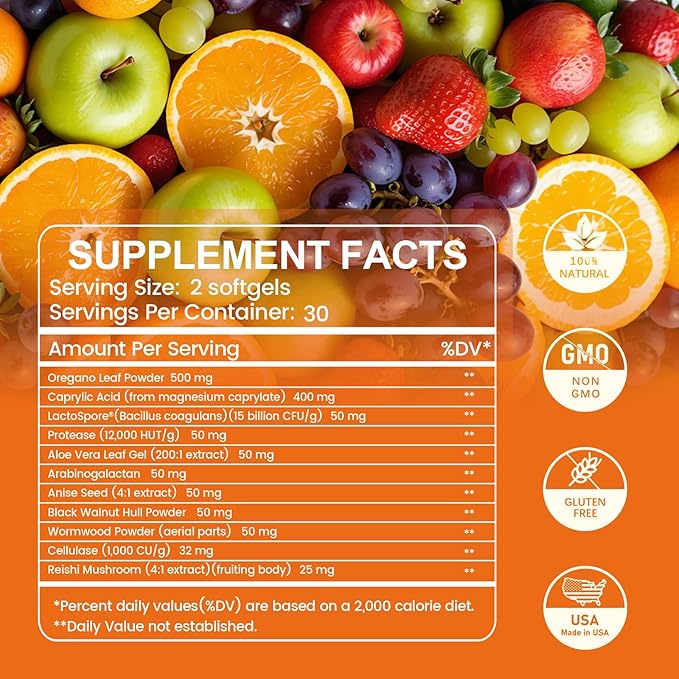11-in-1 Candida Support Supplement, Antifungal Overgrowth, Intestinal Detox & Gut Health for Women & Men, Balance Probiotic, Natural Herbal Oregano & Caprylic Acid Softgels, 120 Count