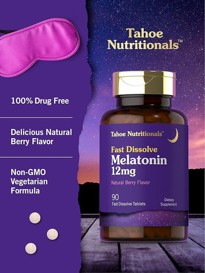Tahoe Nutritionals Melatonin 12mg Fast Dissolve Tablets | 90 Pills | Berry Flavored Supplement for Adults | Vegetarian, Non-GMO, Gluten Free