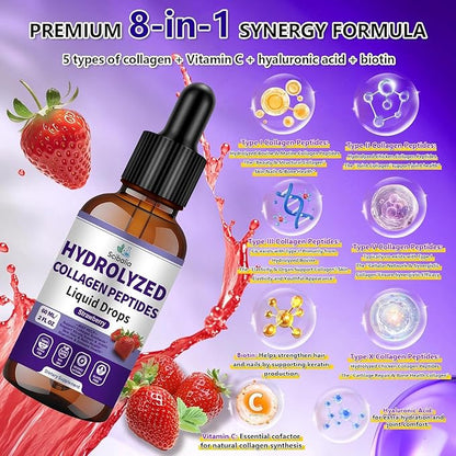 Multi Collagen Peptides Liquid Drop w. Types I II III V X Hyaluronic Acid Vitamin C Biotin for Joint, Skin, Hair & Nail Health, Hydrolyzed Liquid Collagen High Absorption for Women Men Grass Fed