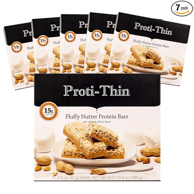 Proti-Thin Fluffy Nutter Protein Bar, 15g Protein, Low Carb Diet Bar, High Fiber Snack Bar, KETO Friendly, Ideal Protein Compatible, Gluten Free, 7 Count Box (6 Boxes - Save 10%)