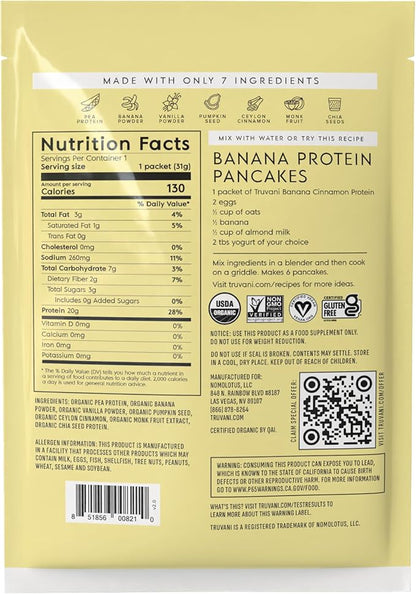 Truvani Vegan Pea Protein Powder | Banana Cinnamon | 20g Organic Plant Based Protein | 1 Serving | Keto | Gluten & Dairy Free | Low Carb | No Added Sugar