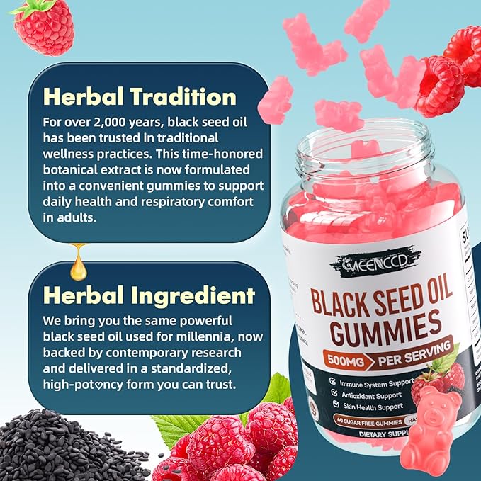 MEENCCD Black Seed Oil Gummies, Nigella Sativa Black Seed Oil Supplement for Antioxidant Support, Vegan, Non-GMO, Suagr-Free, Raspberry Flavor, 60 Count