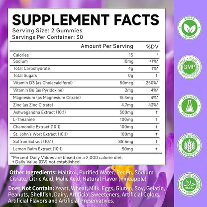 Saffron Gummies for Adult Kids, 10-IN-1 Cortisol Support Supplement with Saffron 88.5mg, Vitamin D3, B6, Magnesium, Zinc, Ashwagandha, L-Theanine, St. John's Wort, For Emotions, Slumber, 120 Count