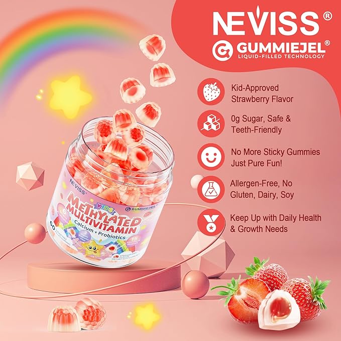 Kids Multivitamin Gummies + Calcium, Probiotics, Vitamin D3, C, Methylated B12 & Methylfolate, B6, A, K2, E, Zinc, Prebiotics for Children Ages 4+, Clean & Sugar Free, for Nutritional Support, 60 Cts