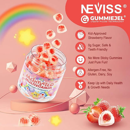 Kids Multivitamin Gummies + Calcium, Probiotics, Vitamin D3, C, Methylated B12 & Methylfolate, B6, A, K2, E, Zinc, Prebiotics for Children Ages 4+, Clean & Sugar Free, for Nutritional Support, 60 Cts