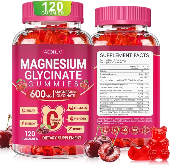 Magnesium Glycinate Gummies 600mg for Women and Men, High Absorption Magnesium Glycinate with Vitamin D, B6, and CoQ10 for Calm Support & Sleep, Sugar Free, Vegan, 120 Count