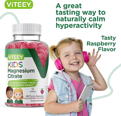 Viteey Kids Magnesium Citrate Gummies - Supports Sleep Aid, Calm Gummies, Muscle Relaxer, Optimal Relaxation - Vegetarian, Gelatin Free, Gluten Free, GMO Free - Tasty Chewable Raspberry Flavored Gummy