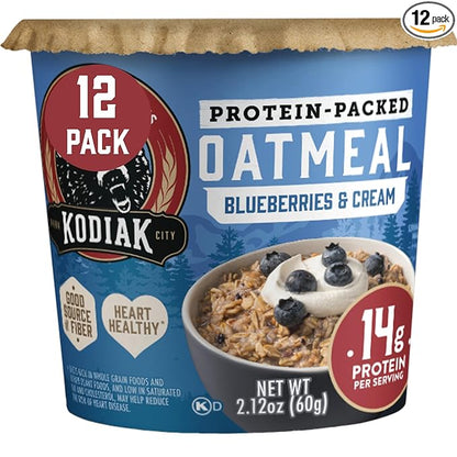 Kodiak Instant Oatmeal Cups, Blueberries & Cream, High Protein, 100% Whole Grains, (12 cups)
