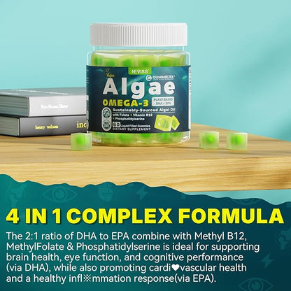 2 Pack Algae Omega 3 Gummies 1000mg, Plant Based DHA 460mg & EPA 230mg, Omega 3 Fish Oil Alternative for Adults, Plus MethylFolate, Vitamin B12, Phosphatidylserine, No Fishy Taste, Vegan, Sugar Free