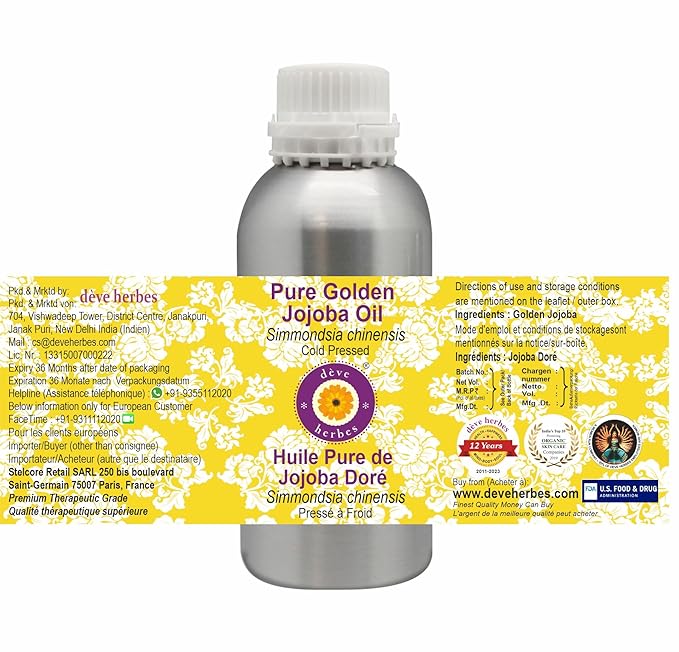 Deve Herbes Pure Golden Jojoba Oil (Simmondsia chinensis) Cold Pressed 630ml (21 oz)