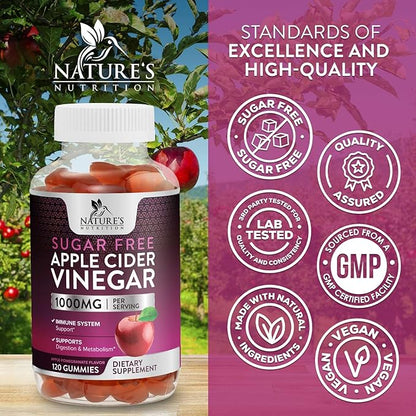 Apple Cider Vinegar Gummies for Weight Loss, Zero Sugar - Apple Cider Vinegar Powder 1000mg Per Serving - Vegan Apple Cider Vinegar Gummy for Detox & Cleanse - Sugar Free ACV Supplement - 120 Gummies