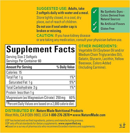 Nature Made Magnesium Citrate 250 mg per serving, Magnesium Supplements for Men and Women, Support for Muscle, Nerve, Bone and Heart, 120 Softgels, 60 Day Supply