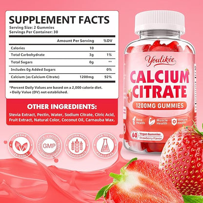 Calcium Citrate Gummies 1200 mg, Calcium Supplement for Women & Men, Ultimate Absorption Calcium Gummies for Bone, Muscle & Immune Support, Strawberry Flavor, 60 Count