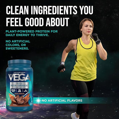 Vega Protein + Supergreens - 20g Plant-Based Protein, Chocolate, 25 Servings, Real Greens & Veggies, Vegan Keto, 0g Added Sugar, Non-GMO, Gluten Free, Dairy Free, 1.8lbs (Packaging May Vary)