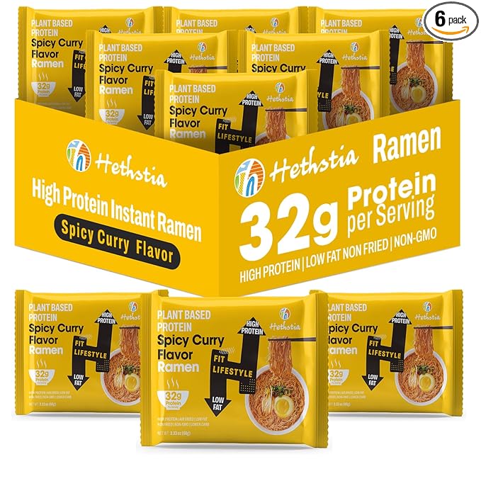 Hethstia Protein Ramen Spicy Curry Flavor, 6-Pack Instant Noodle Soup, 32g Plant-Based Protein, Vegan, Low Fat, Non-GMO, Healthy High Protein Ramen Meal