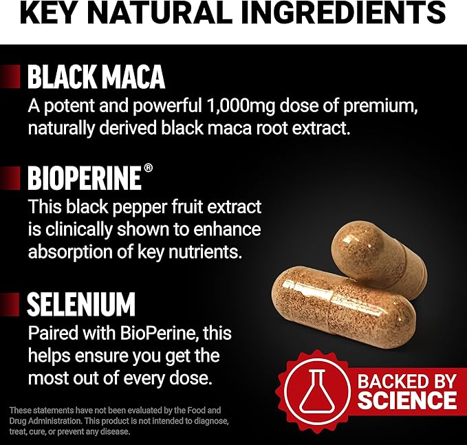 Force Factor Black Maca Root Supplement for Men, 1000mg Maca Negra Extract for Energy, Hormonal Balance & Vitality, Superior Absorption with BioPerine, 180 Capsules, 3-Pack