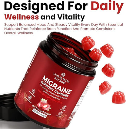 Veralinda Migraine Gummies – Original Triple Protocol Formula, 60 Gummies with Magnesium, Riboflavin B2 & Feverfew – Natural Brain Health Supplement for Migraine Wellness Support for Women & Men