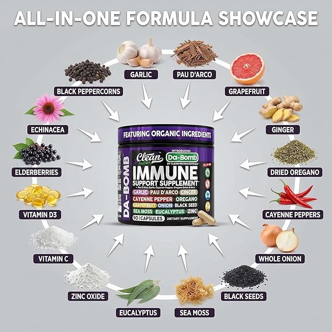 Organic Immune Support with PAU D'Arco Garlic Cayenne Pepper Oregano Ginger Grapefruit Onion Black Seed Sea Moss Black Pepper Zinc Eucalyptus Vitamin C Vitamin D Organic Soursop By Clean Nutra
