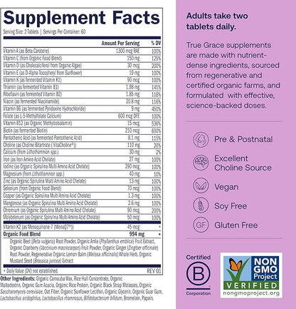 True Grace Prenatal Multivitamin Refill Pouch - 120 Vegan Tablets - Supports a Healthy Mom & Baby with Methylfolate & Choline for Fetal Brain Development - Gluten Free, Soy Free - 60 Servings