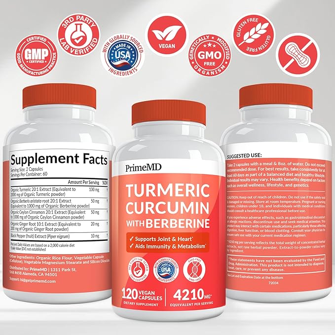 5-in-1 Organic Turmeric Curcumin Supplement (4210mg) with Berberine, Ceylon Cinnamon Bioperine and Ginger Supplements for Joint, Heart, Gut, & Metabolic Support (60 Servings) (Pack of 4)