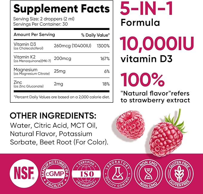 Venture Pal 5-in-1 Vitamin D3 10000 IU & K2 as MK-7 200mcg with Magnesium, MCT Oil, Zinc, Sugar-Free Vitamin D Liquid |Maximum Absorption for Bone, Mood & Immune Health - 2 FL OZ, 69 Days