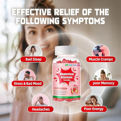 Magnesium Glycinate Gummies 1000mg - Sugar Free Magnesium Potassium Supplement with Vitamin D, B6, CoQ10 for Calm Mood & Sleep Support - 60 Strawberry Gummies