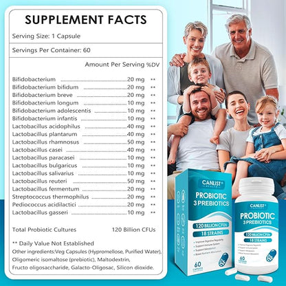 Probiotics 120 Billion CFUs 18 Strains, 3 Prebiotics & Digestive Enzymes for Men Women,Digestive & Immune Support,Shelf Stable Non-GMO 120 Capsules